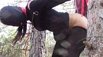 Laura on Hee step sister bound in the wood, masked, hooded and ball gagged, fucked with no mercy